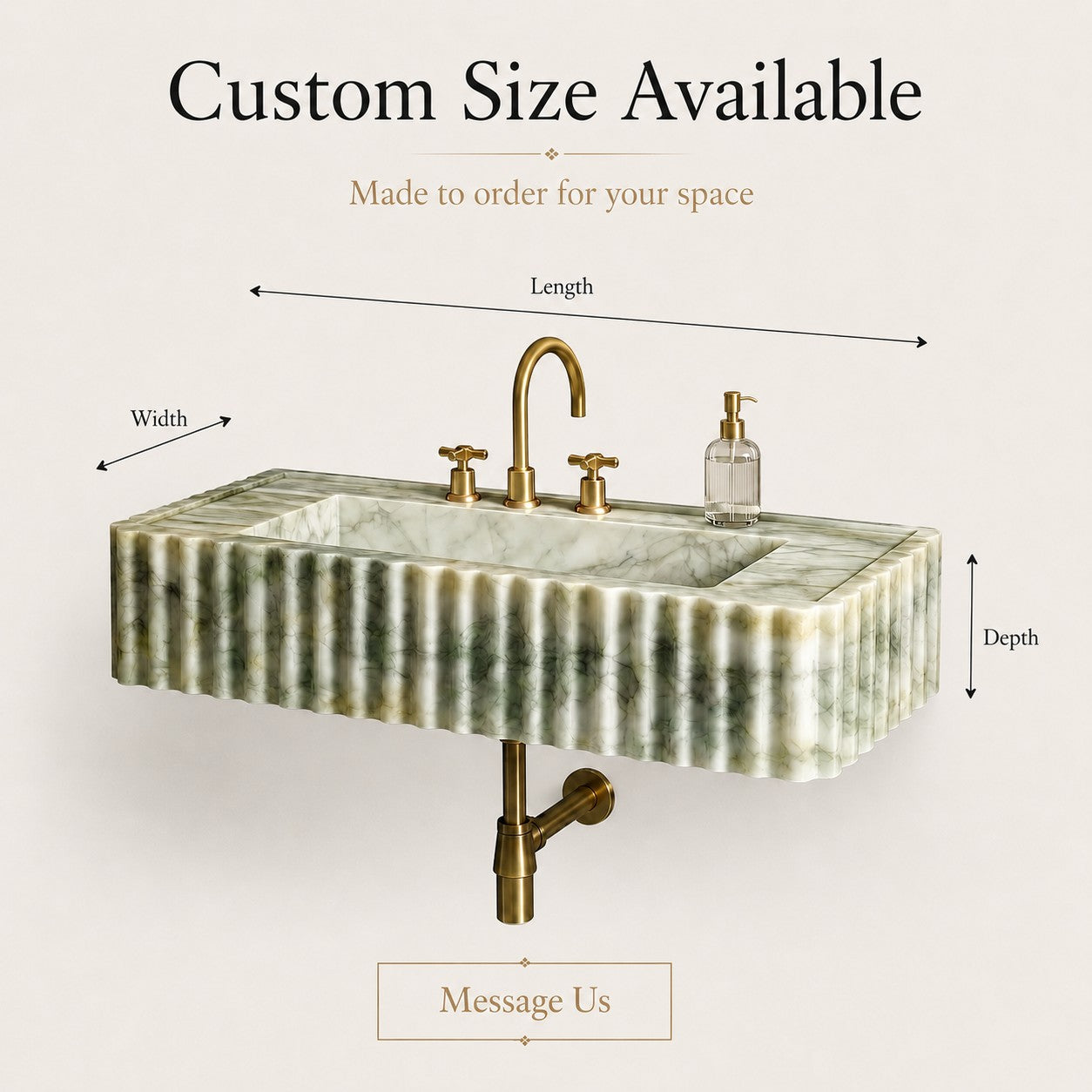 A freestanding rectangular sink with a ribbed green-and-white marbled stone body and brass faucet hardware, shown with dimension arrows labeled width, length, and depth, plus text stating custom size available.