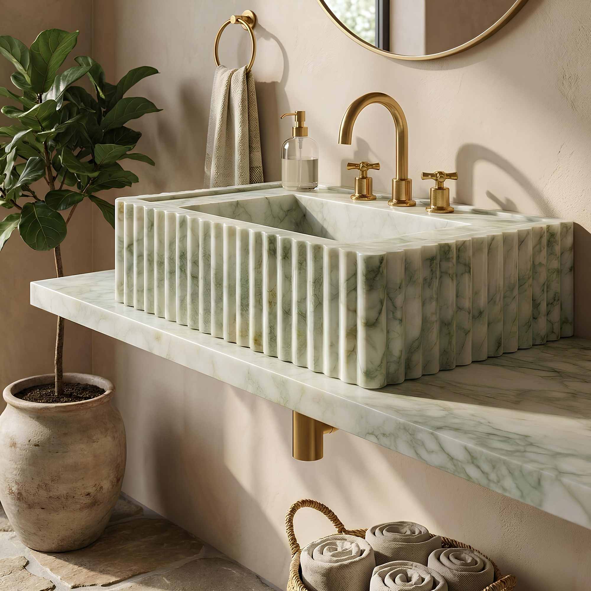 A rectangular marble sink with fluted vertical edges in white and pale green, mounted on a matching marble countertop with a gold faucet and gold wall hardware in a warm beige bathroom setting.