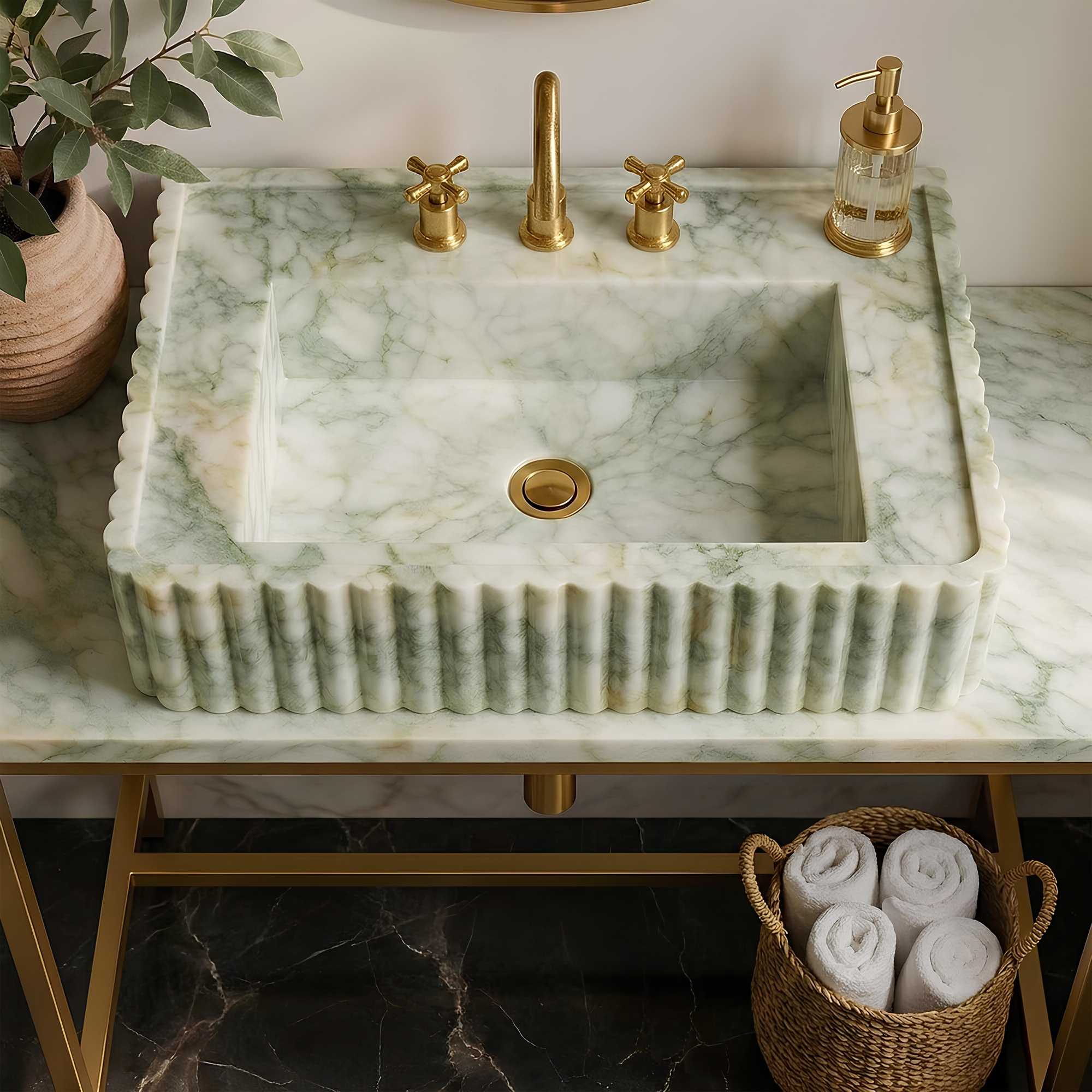 Marble sink with gold fixtures in a bathroom setting