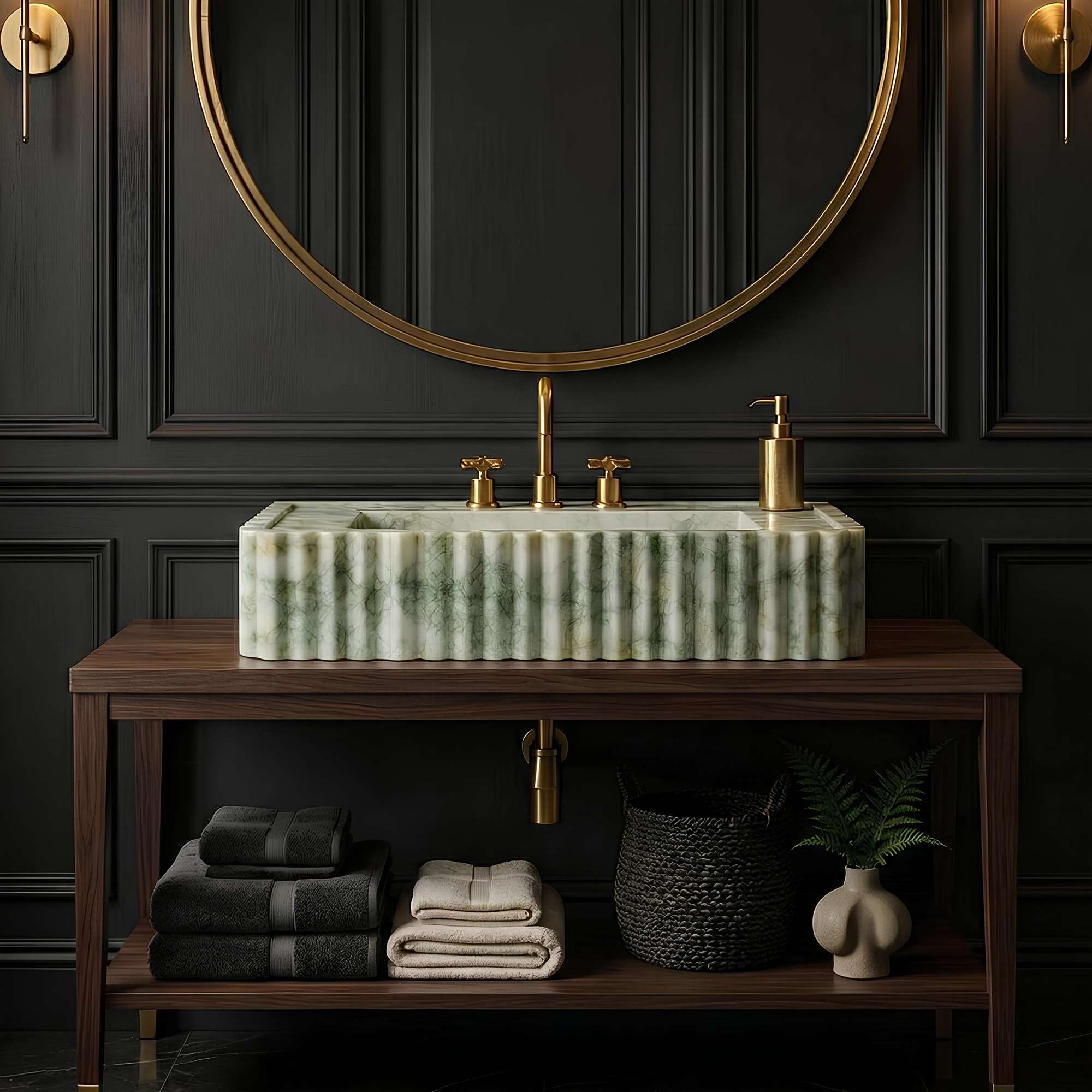 A rectangular marble bathroom sink with a ribbed fluted surface in green and white, mounted on a dark wood console table. The sink is styled with gold fixtures, including a matching gold faucet and soap dispenser, set against a dark paneled wall with a large round gold-framed mirror.