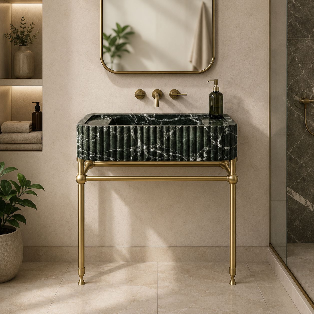 Green Levanto marble sink on brass console legs next to a glass shower