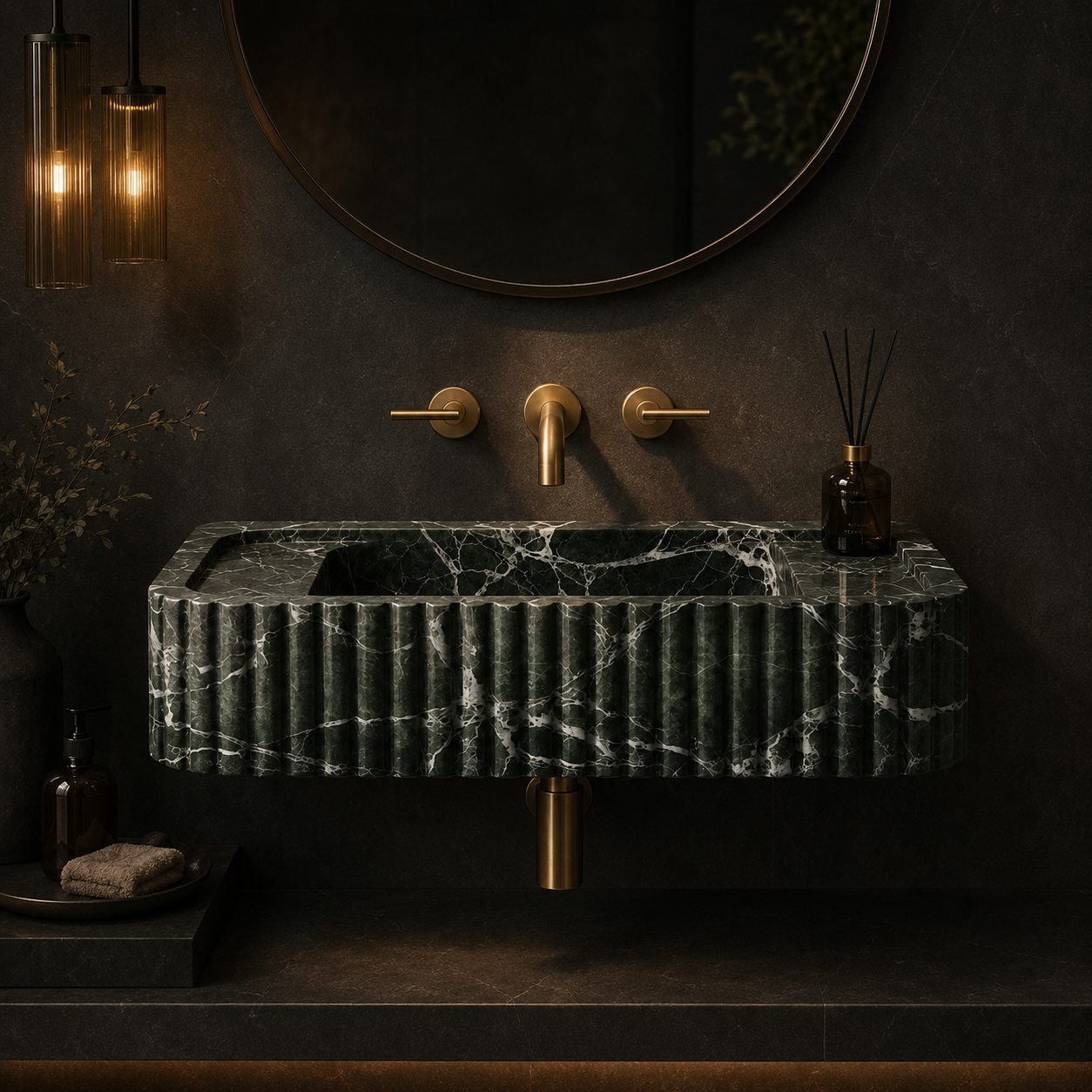 Green Levanto marble fluted sink in a dark moody bathroom with brass fixtures