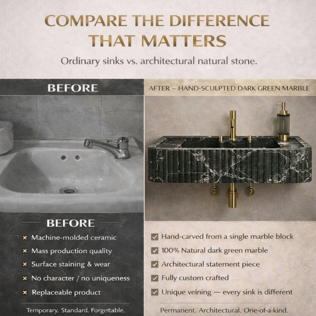 Comparison of ordinary sink vs. architectural natural stone sink with text highlighting differences.