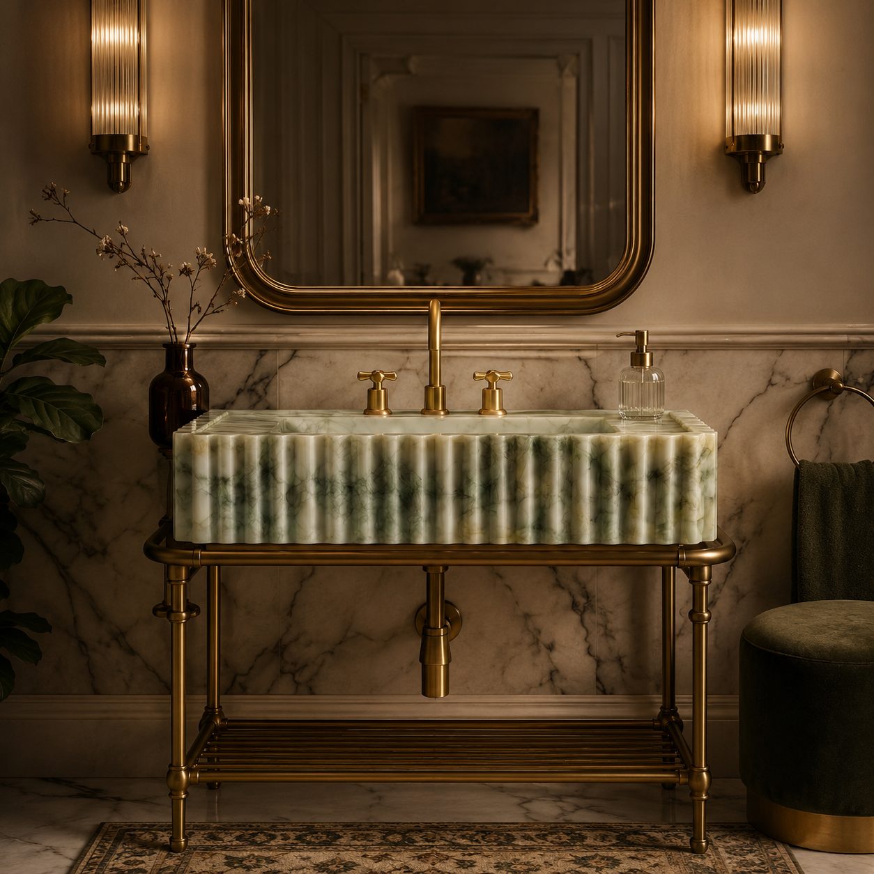 A luxury bathroom vanity featuring a ribbed green marble sink basin with a gold faucet and brass stand, set against a marble wall with a large gold-framed mirror.