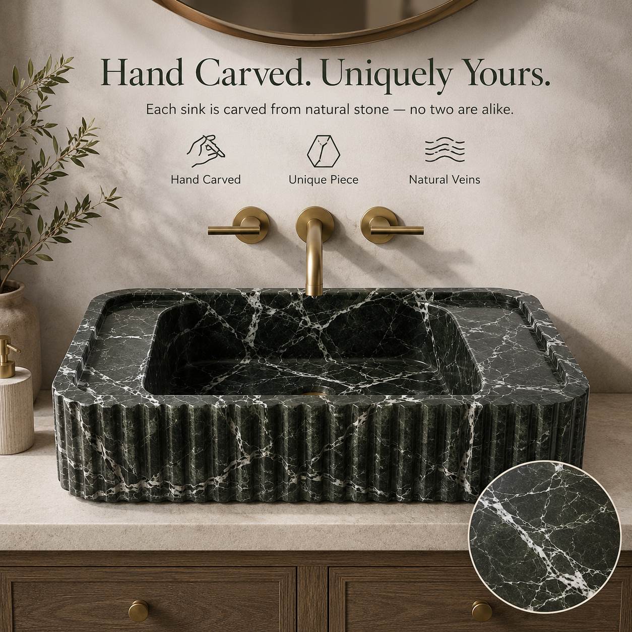 Hand carved green Levanto marble sink with unique natural veining detail