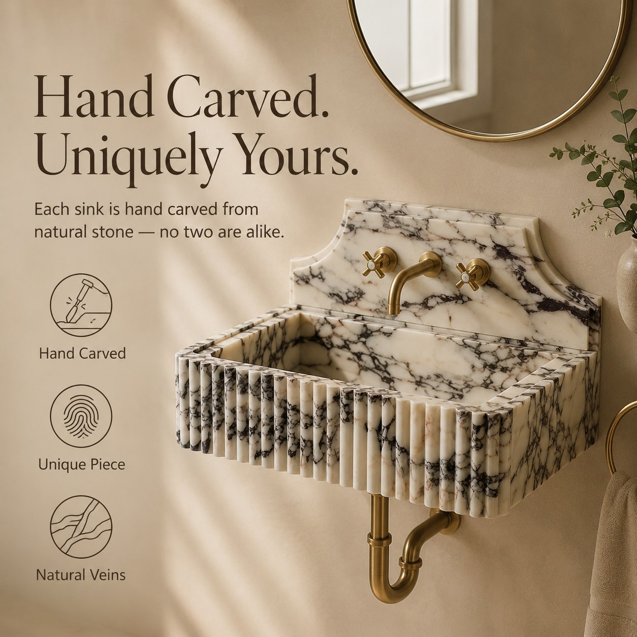 Hand carved marble sink with unique natural veining