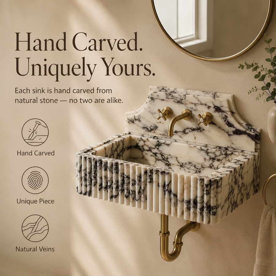 Hand carved marble sink with unique natural veining