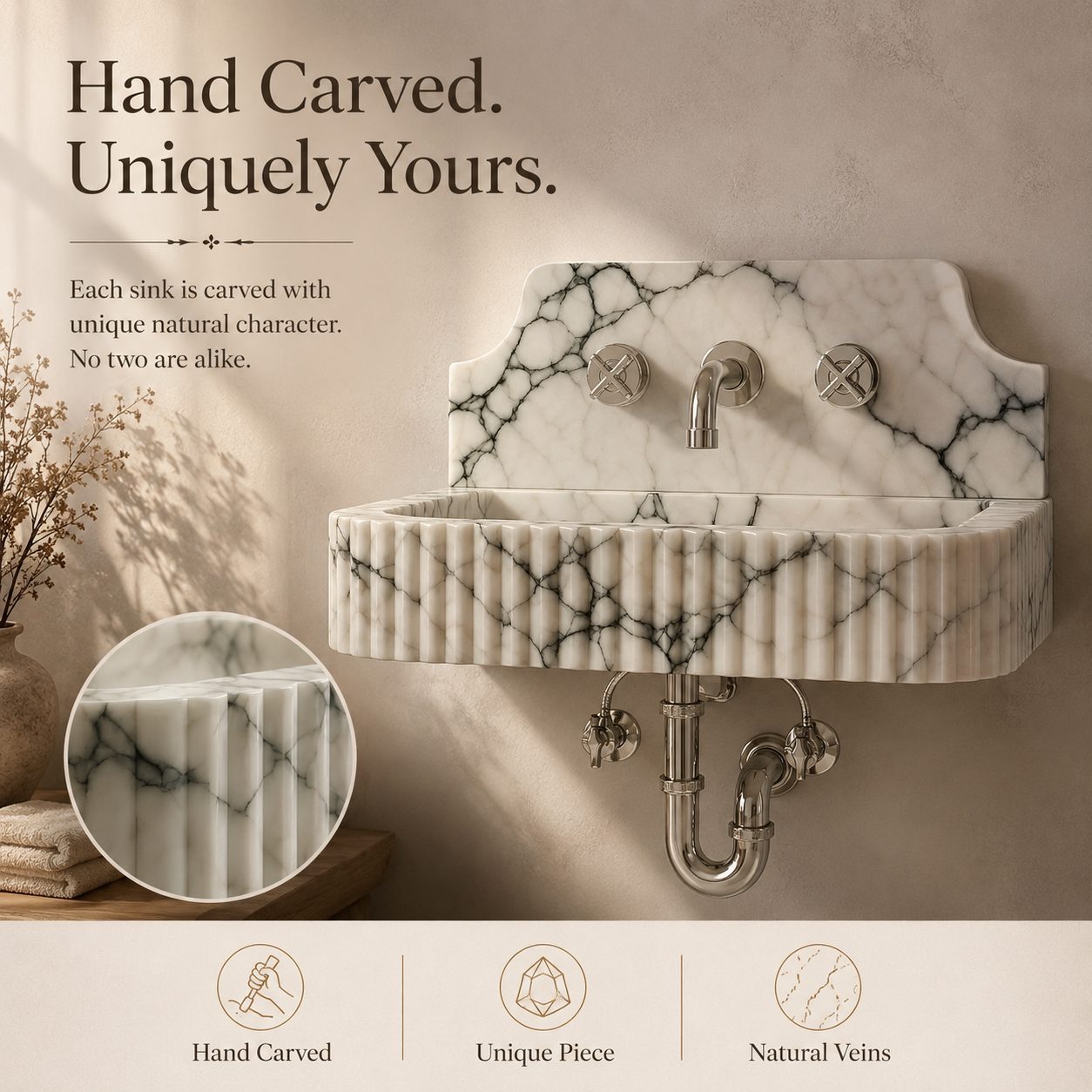 Hand-carved marble wall sink with a ribbed front, polished chrome faucet and drain, shown against a warm beige wall with marketing text and a circular detail inset.