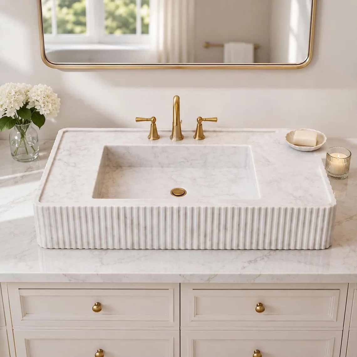 Bathroom with a modern marble sink and mirror on a wall.