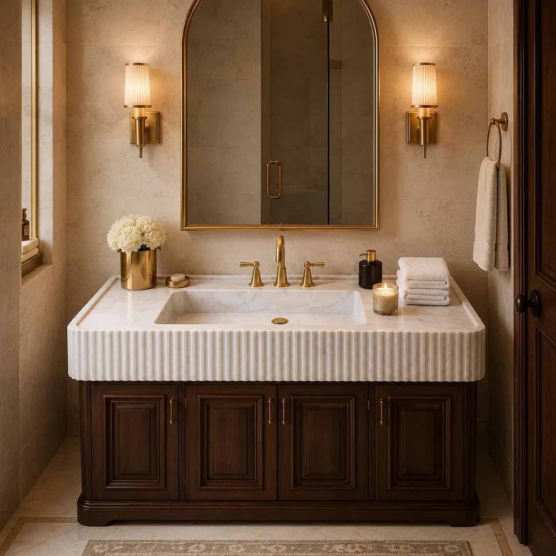Bathroom with a modern marble sink and mirror on a wall.