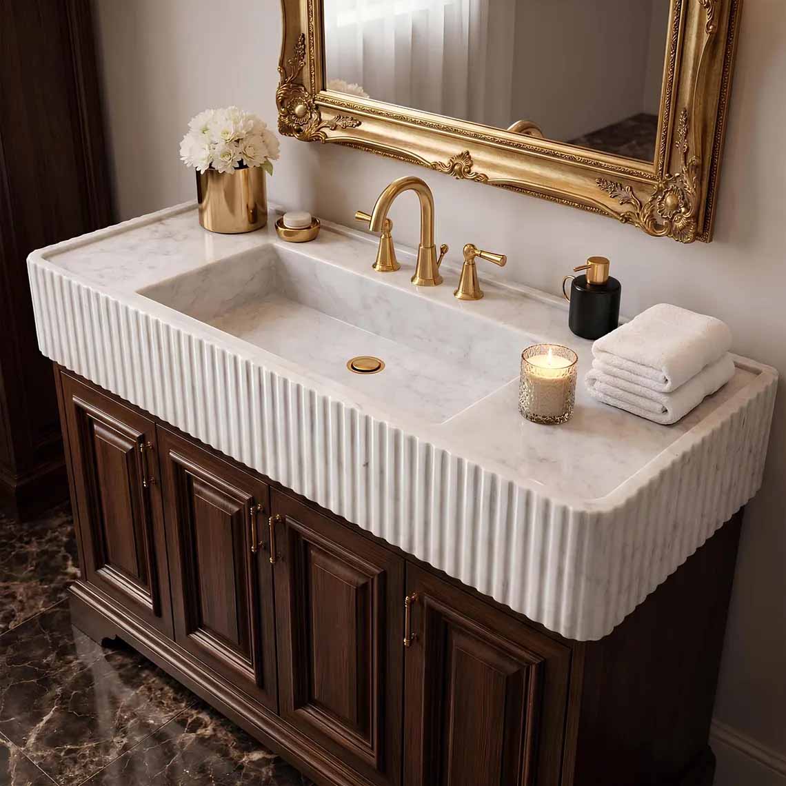 Bathroom with a modern marble sink and mirror on a wall.