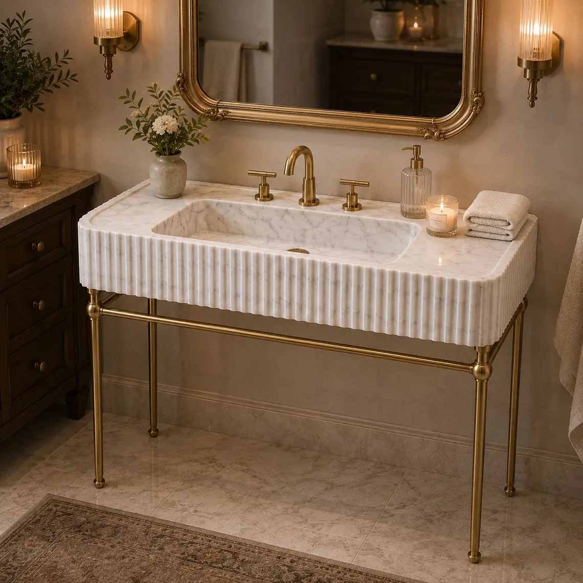 Bathroom with a modern marble sink and mirror on a wall.