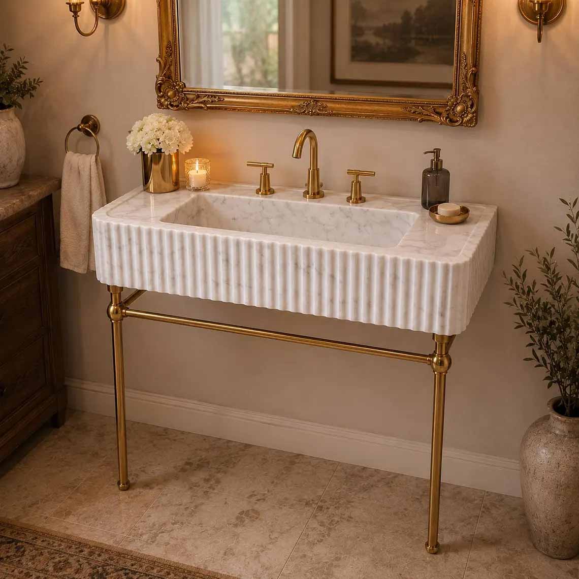 Bathroom with a modern marble sink and mirror on a wall.