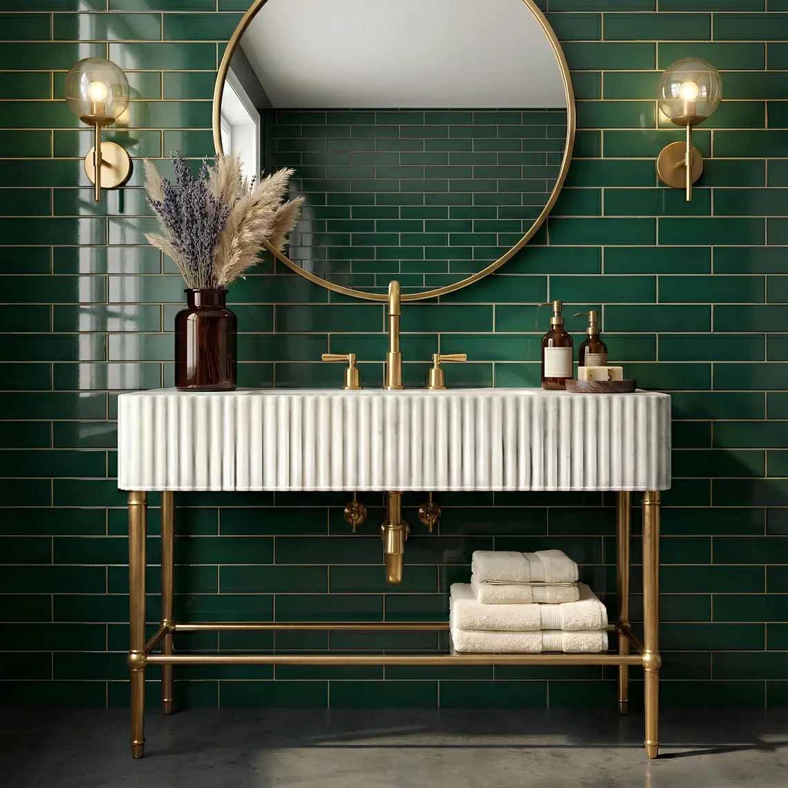 Bathroom with a modern sink and round mirror on a neutral wall.
