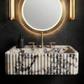 Rectangular hand-carved marble sink dark luxury bathroom round backlit mirror brass widespread faucet