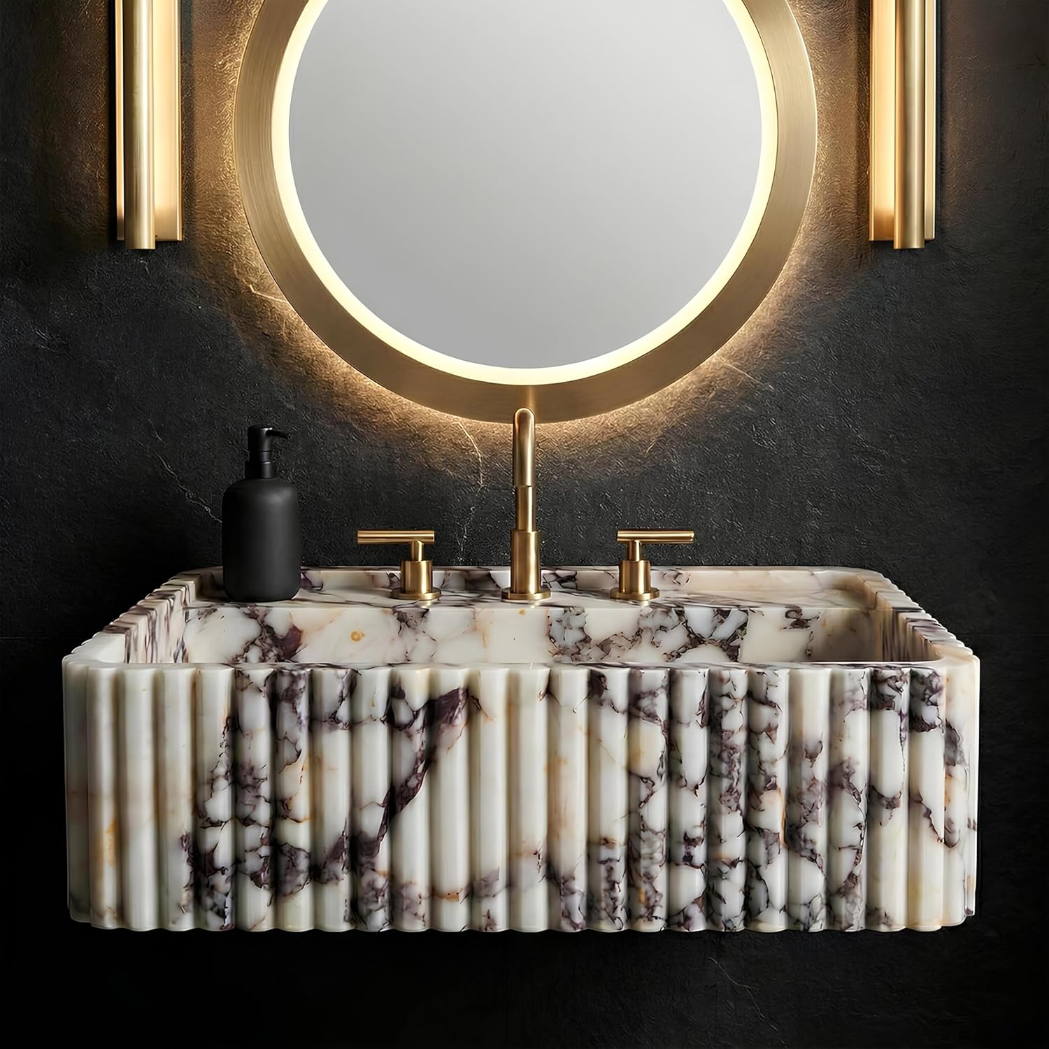 Rectangular hand-carved marble sink dark luxury bathroom round backlit mirror brass widespread faucet