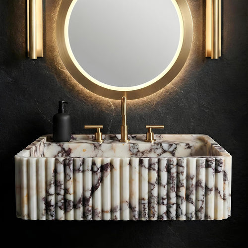 Rectangular hand-carved marble sink dark luxury bathroom round backlit mirror brass widespread faucet
