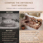 Before and after comparison of a sink made from machine-molded ceramic vs. Rosso Levanto marble stone.