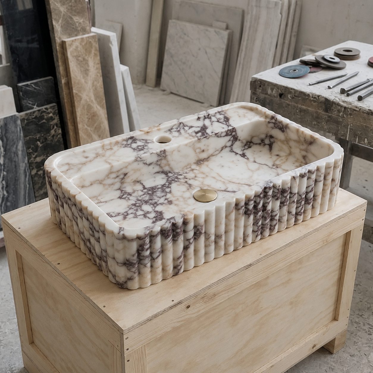 Handcrafted Calacatta Viola marble sink shown in a stone workshop