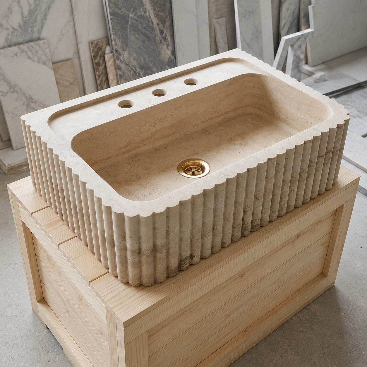 hand carved custom travertine sink in a stone workshop