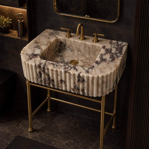 Hand Carved Fluted Marble Bathroom Sink, Custom Apron Front Vanity Basin - photo 1