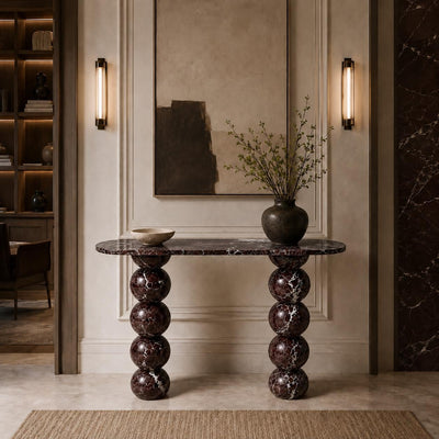 Rosso Levanto Marble Console Table – Burgundy Stone Sculptural Sphere Leg Hall Console