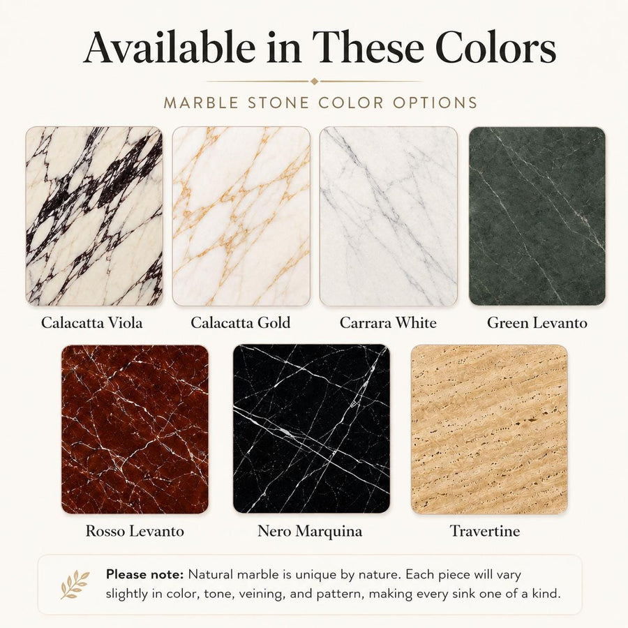 Natural stone color options for custom marble sinks: Calacatta Viola, Calacatta Gold, Carrara White, Green Levanto, Rosso Levanto, Nero Marquina, Travertine