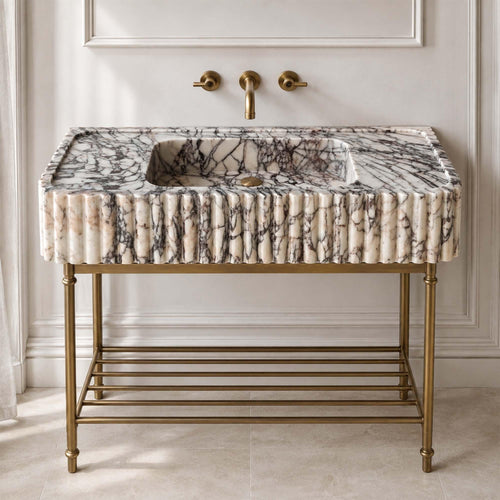 Calacatta Viola Marble Sink, Hand Carved Fluted Wall Mounted Vanity Basin
