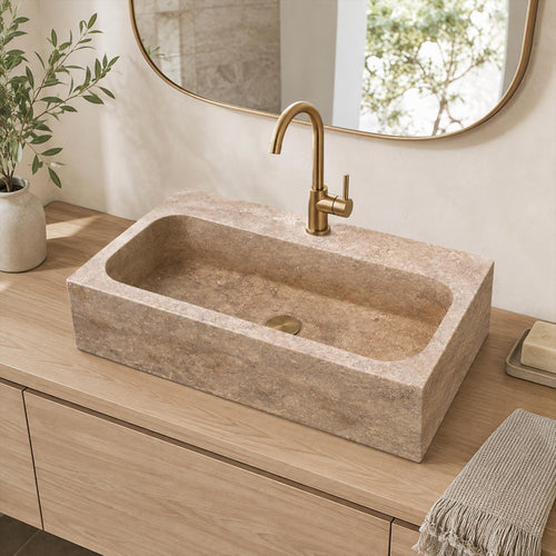Hand Carved Natural Marble Bathroom Sink, Rectangular Vessel Basin - photo 1