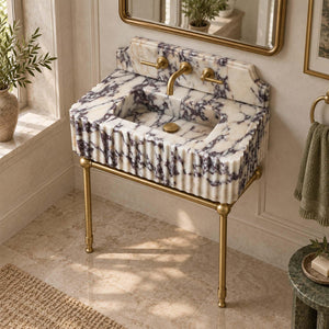 Calacatta Viola Fluted Console Sink, Custom Marble Vanity with Optional Backsplash