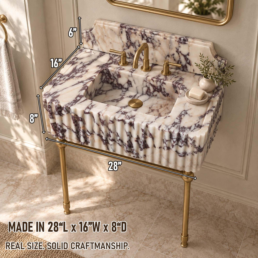 Calacatta Viola fluted sink dimensions 28 x 16 x 8 inches with 6 inch backsplash, made to order in custom sizes