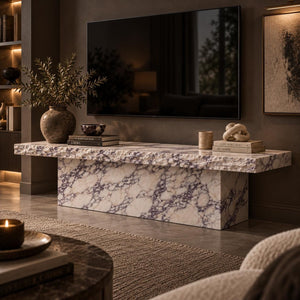 Calacatta Viola Marble Media Console – Natural Stone TV Stand, Sculptural Low Console