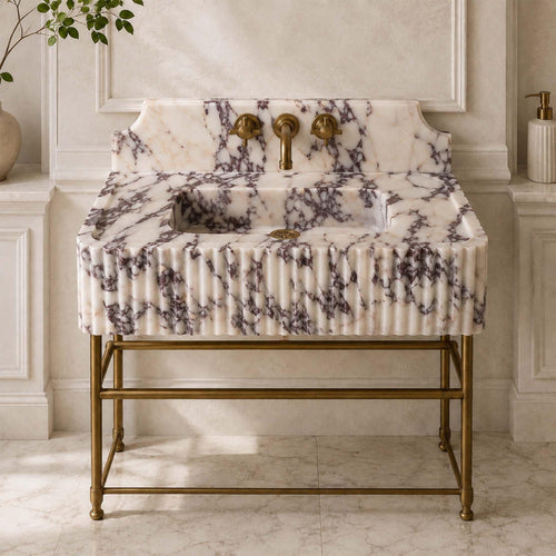 Calacatta Viola Marble Backsplash Sink, Fluted Vanity Basin for Powder Room