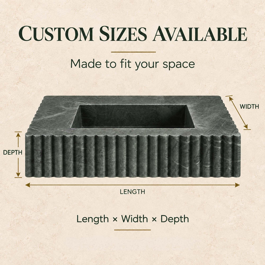 Custom size fluted marble sink diagram showing length, width and depth, made to fit your space