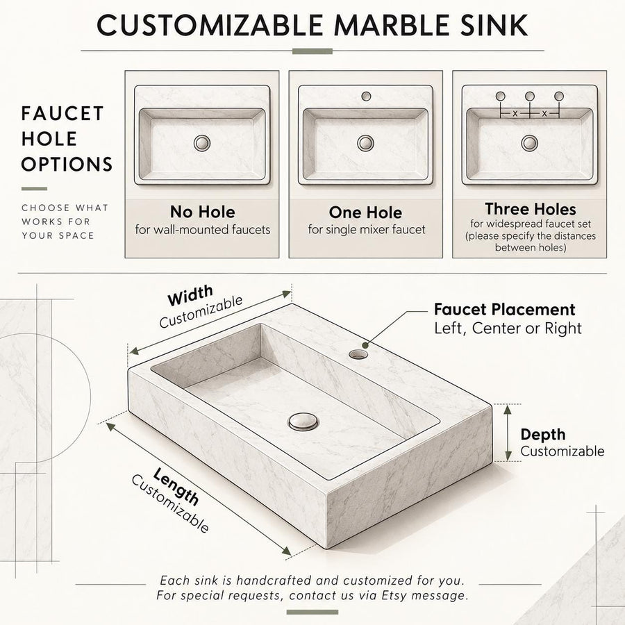 Made-to-measure marble sink with custom length, width and depth and no-hole, single-hole or three-hole faucet options