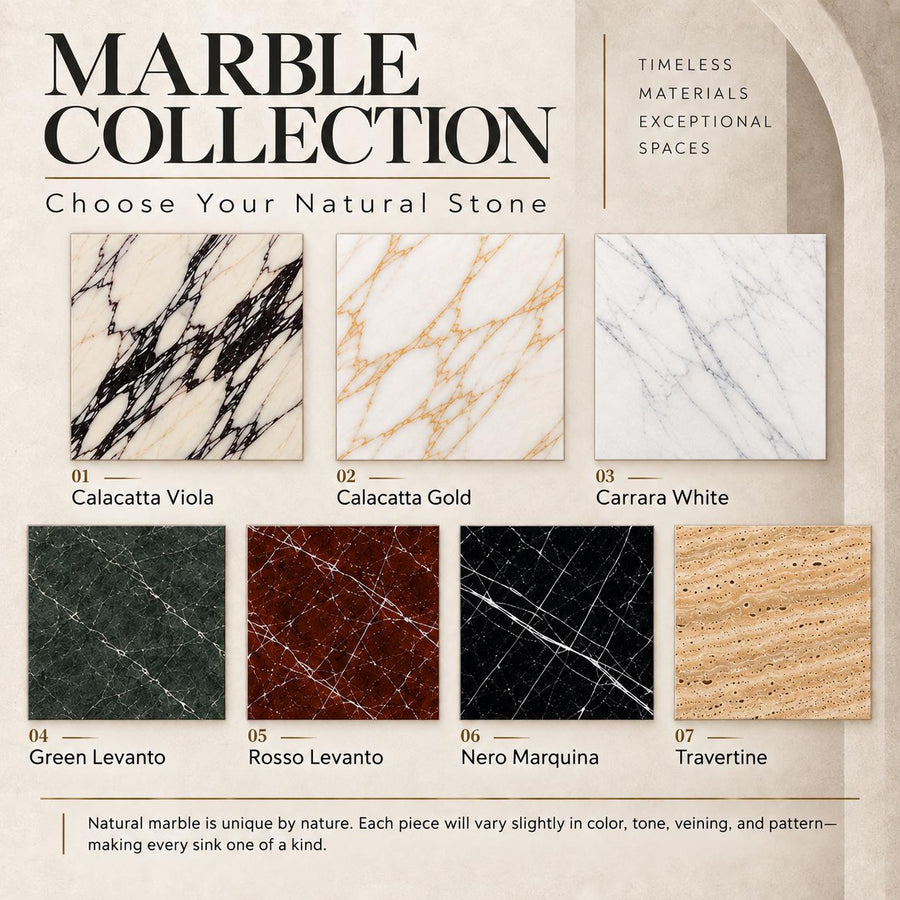 Natural stone color options for custom marble sinks: Calacatta Viola, Calacatta Gold, Carrara White, Green Levanto, Rosso Levanto, Nero Marquina, Travertine