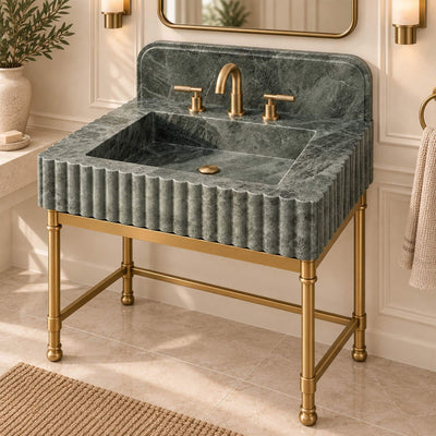 Green Marble Fluted Sink with Rounded Backsplash, Three-Hole Faucet Console Vanity