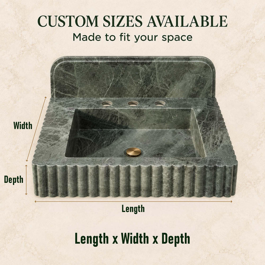 Green marble fluted sink with backsplash and brass drain, custom size diagram for length, width and depth