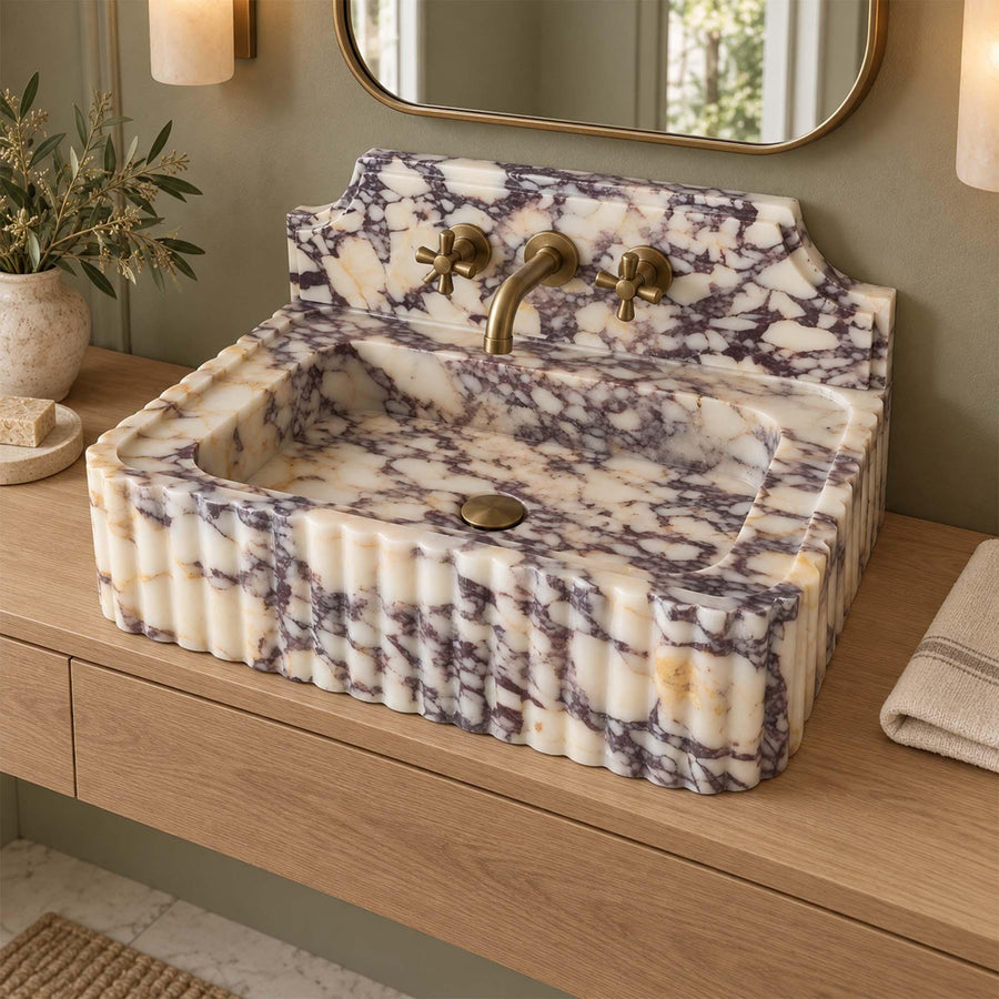Calacatta Viola fluted console sink with decorative backsplash, made to order in custom sizes