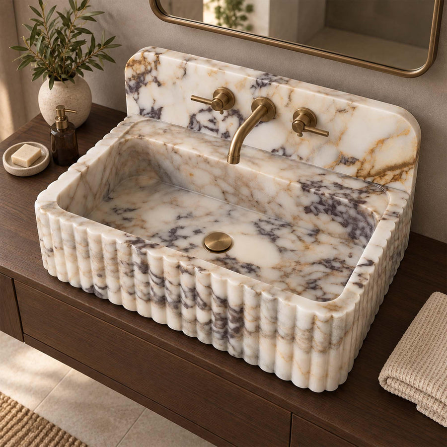 Calacatta Gold fluted vanity sink with rounded backsplash, view 3