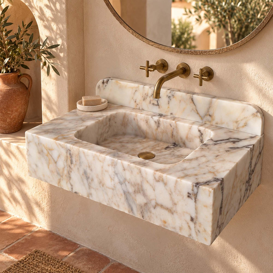 Calacatta Gold smooth console sink with rounded backsplash, view 7