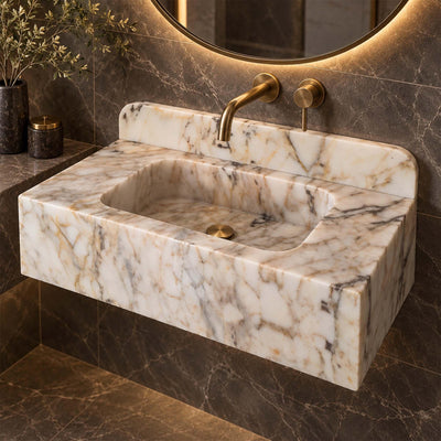 Calacatta Gold Marble Sink, Hand Carved Smooth Console Basin, Rounded Backsplash