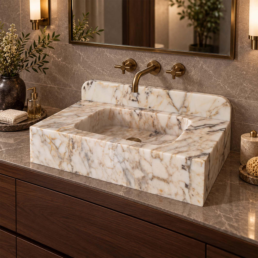 Calacatta Gold smooth console sink with rounded backsplash, view 5