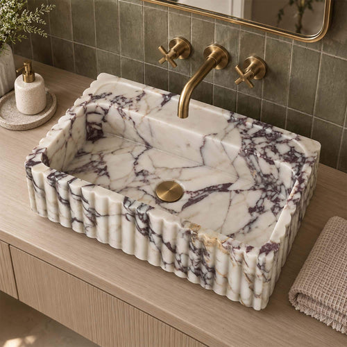 Calacatta Viola Marble Sink, Hand Carved Fluted Apron Floating Vanity with Rear Deck
