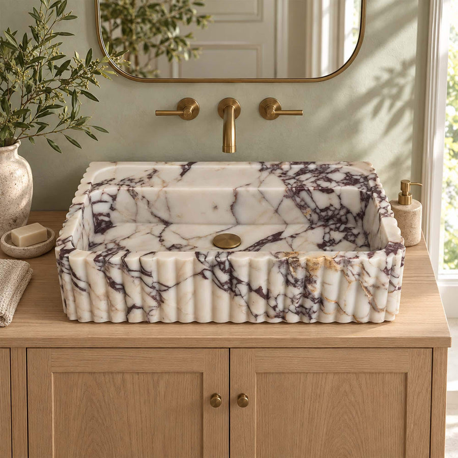 Calacatta Viola fluted floating sink with rear deck, view 5