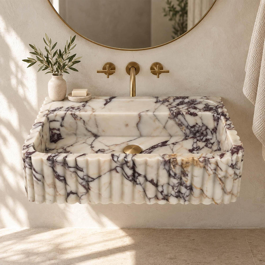 Calacatta Viola fluted floating sink with rear deck, view 7