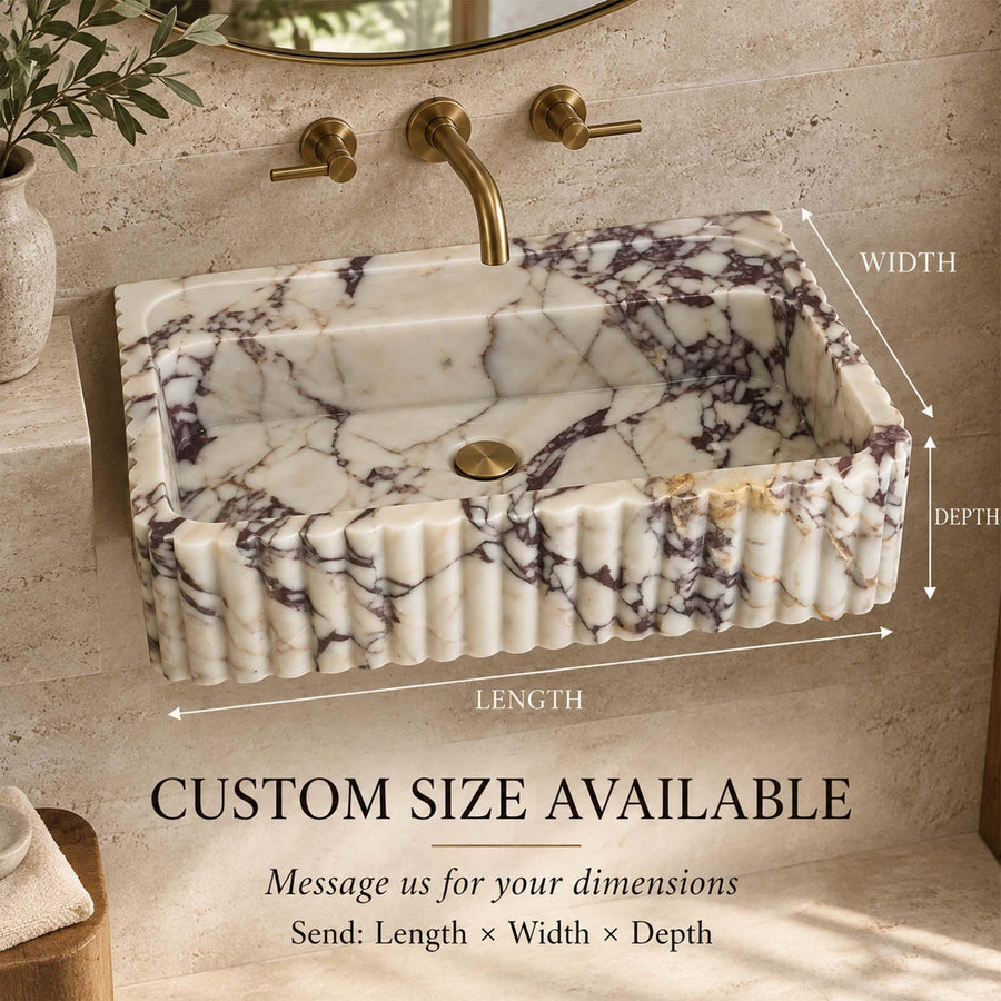 Custom size Calacatta Viola fluted floating sink diagram showing length, width and depth