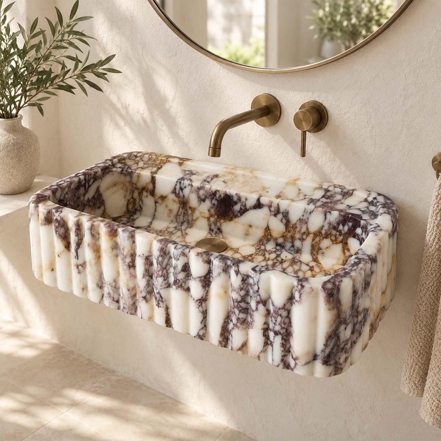 Calacatta Viola rounded fluted floating sink, made to order in custom sizes