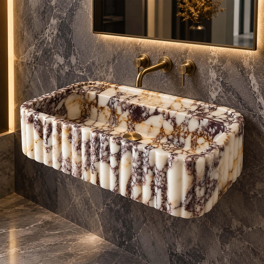Calacatta Viola rounded fluted floating sink, view 5