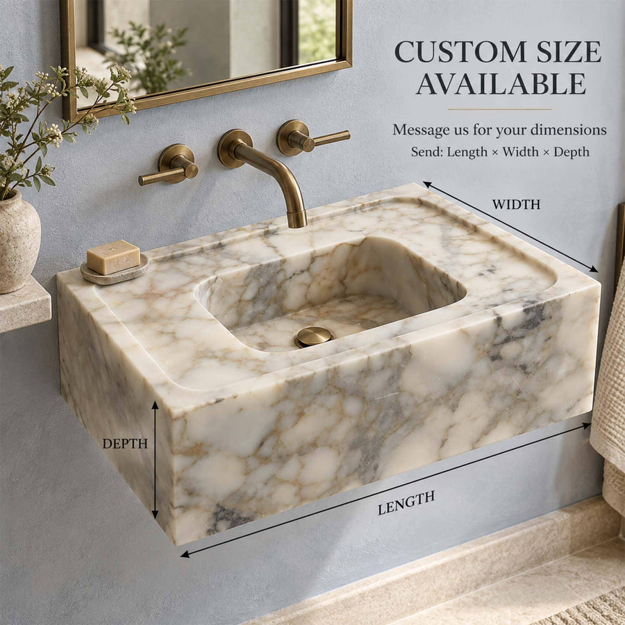 Custom size Calacatta Gold smooth floating sink diagram showing length, width and depth